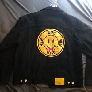 Wesc Black Denim Jean Jacket with Yellow Smiley Tab Design